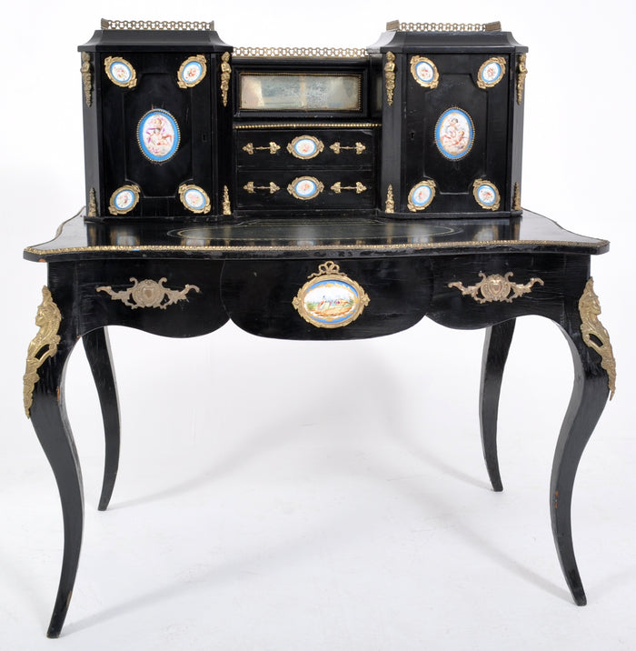 Antique French Louis XVI Japanned and Ormolu Sevres Porcelain Writing Desk, Circa 1860