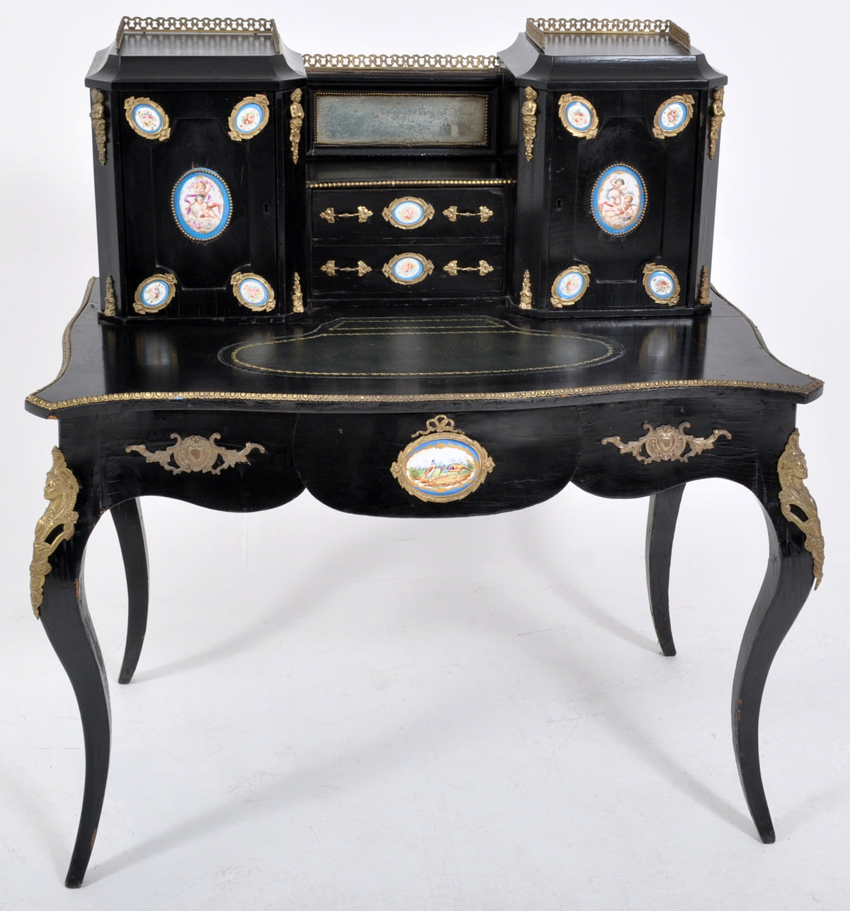 Antique French Louis XVI Japanned and Ormolu Sevres Porcelain Writing Desk, Circa 1860