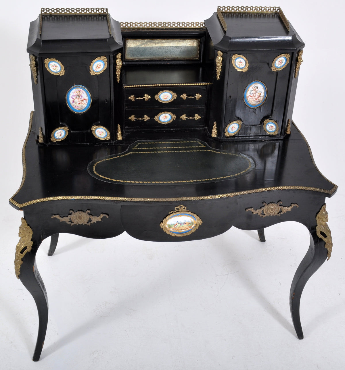 Antique French Louis XVI Japanned and Ormolu Sevres Porcelain Writing Desk, Circa 1860