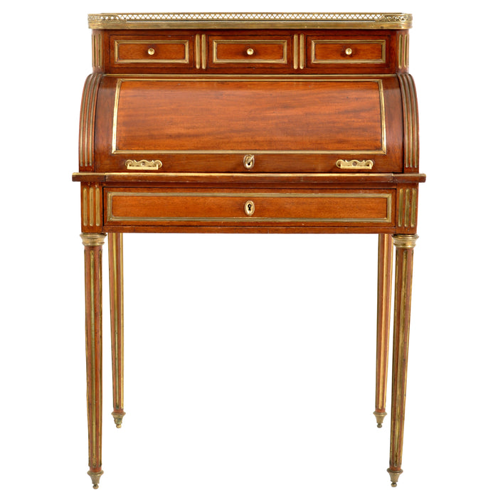 Antique 19th Century French Louis XVI Walnut Ormolu Marble Cylinder Desk, circa 1880