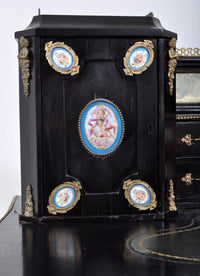 Antique French Louis XVI Japanned and Ormolu Sevres Porcelain Writing Desk, Circa 1860