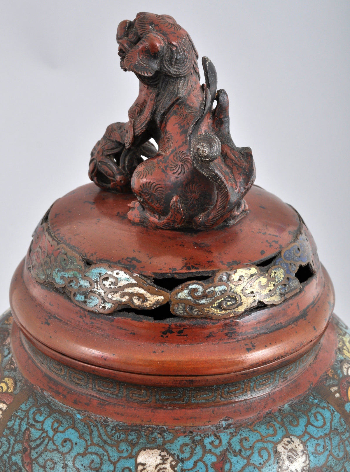 Antique Chinese Qing Dynasty Archaic Style Bronze Enamel Champlevé Censer / Incense Burner, Circa 1880