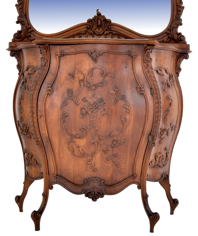 Antique Italian Rococo Walnut Bombe-Shaped Mirrored Cabinet / Buffet / Server, Circa 1880