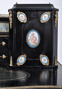 Antique French Louis XVI Japanned and Ormolu Sevres Porcelain Writing Desk, Circa 1860