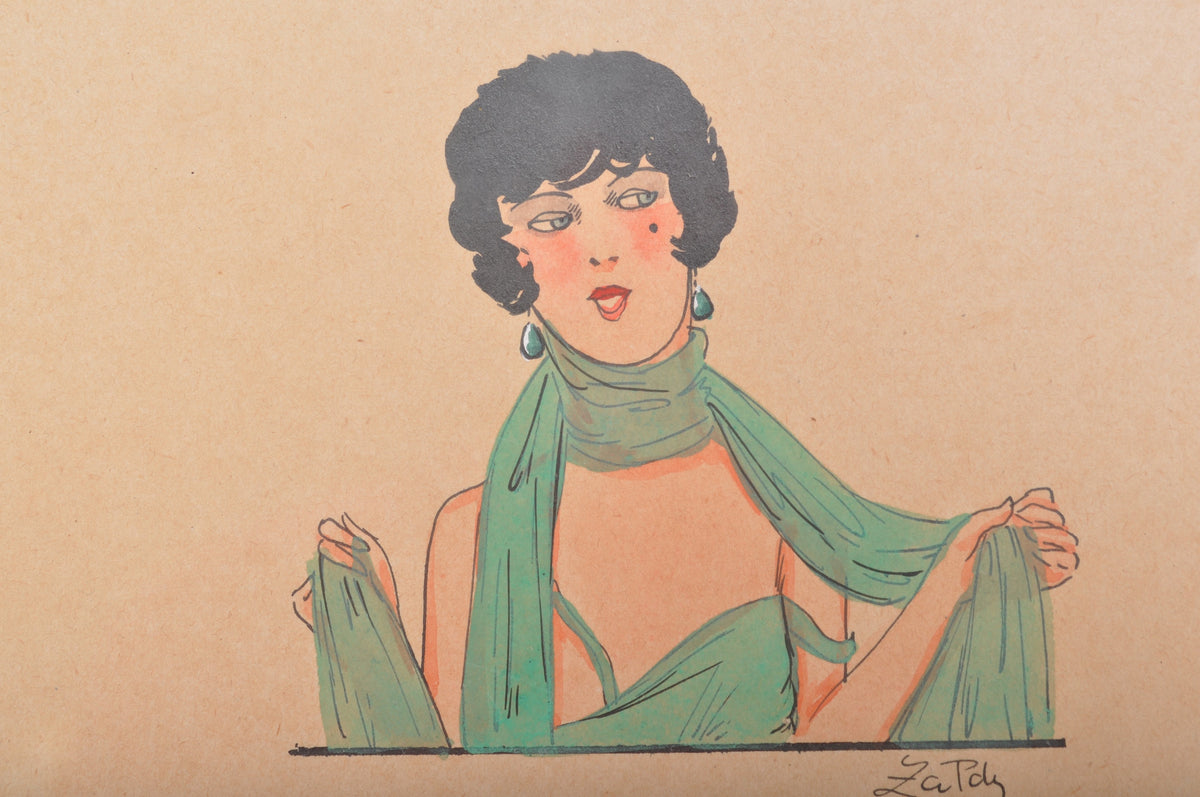 Antique Art Deco Drawing and Watercolor by Zapdy, Circa 1930