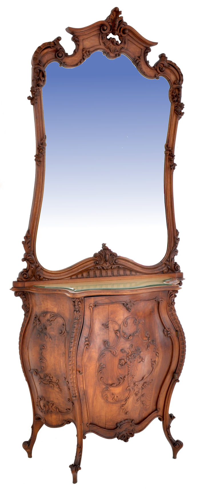 Antique Italian Rococo Walnut Bombe-Shaped Mirrored Cabinet / Buffet / Server, Circa 1880