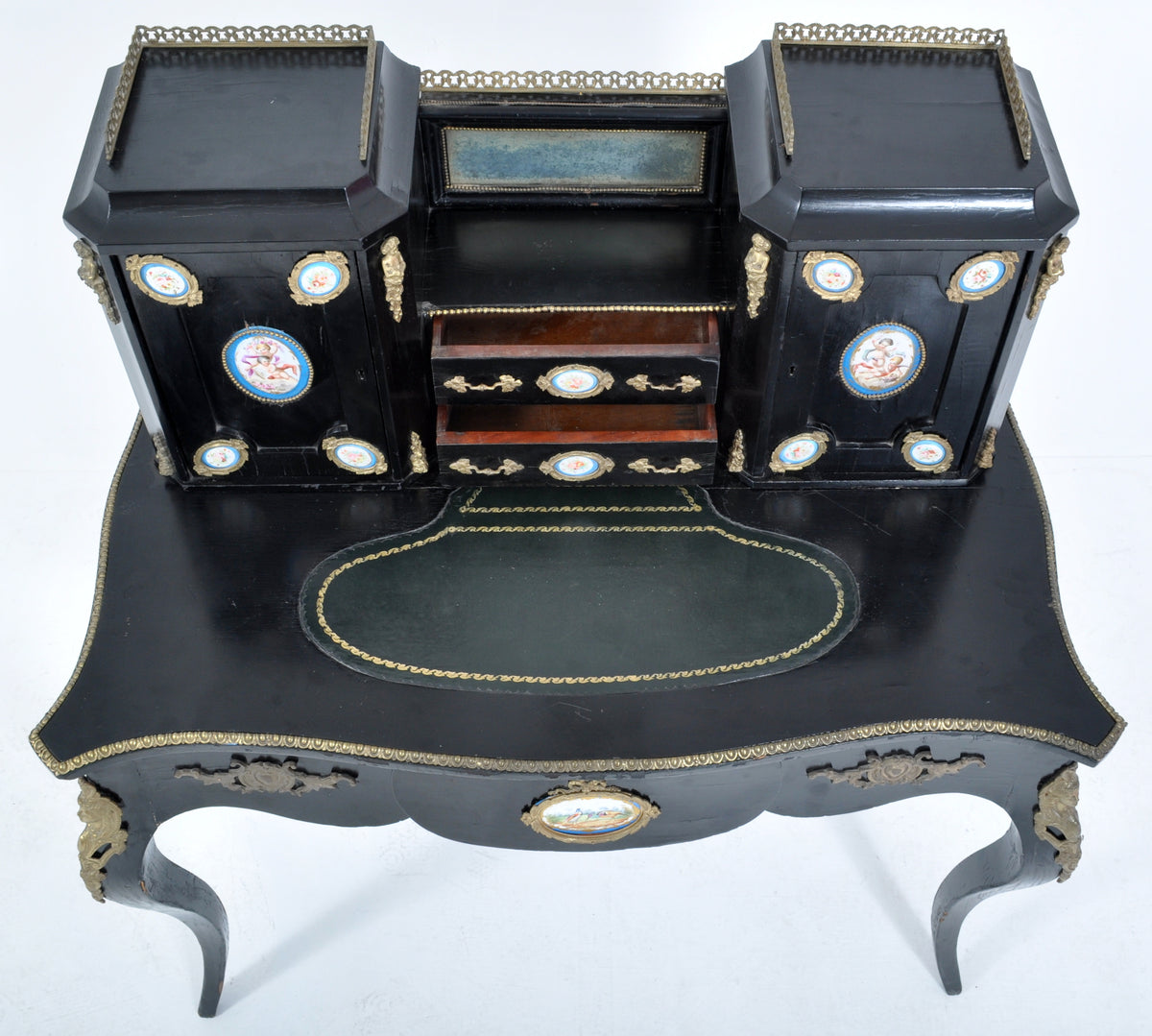 Antique French Louis XVI Japanned and Ormolu Sevres Porcelain Writing Desk, Circa 1860