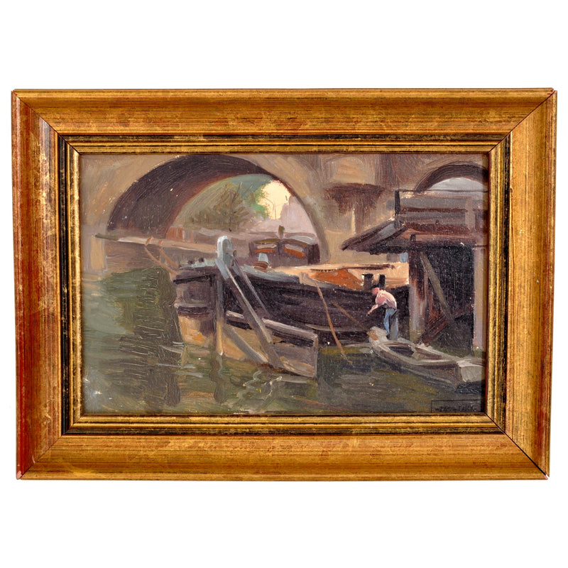 Antique French Impressionist Oil Painting Boat at Birth on the River Seine Paul de Frick 1900