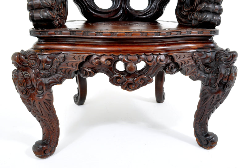 Antique Chinese Qing Dynasty Carved Rosewood Throne Chair, Circa 1890