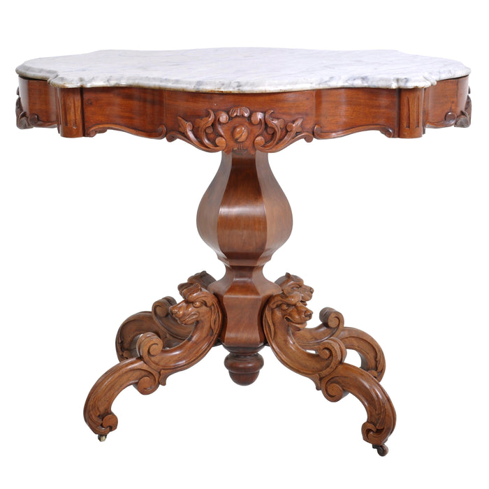 Antique American Victorian Walnut Marble Top Parlor Table, Possibly Belter or Meeks, circa 1860