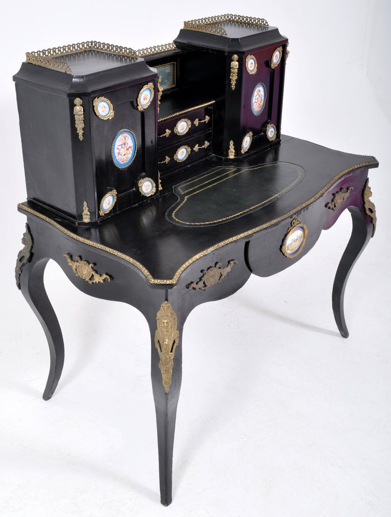 Antique French Louis XVI Japanned and Ormolu Sevres Porcelain Writing Desk, Circa 1860