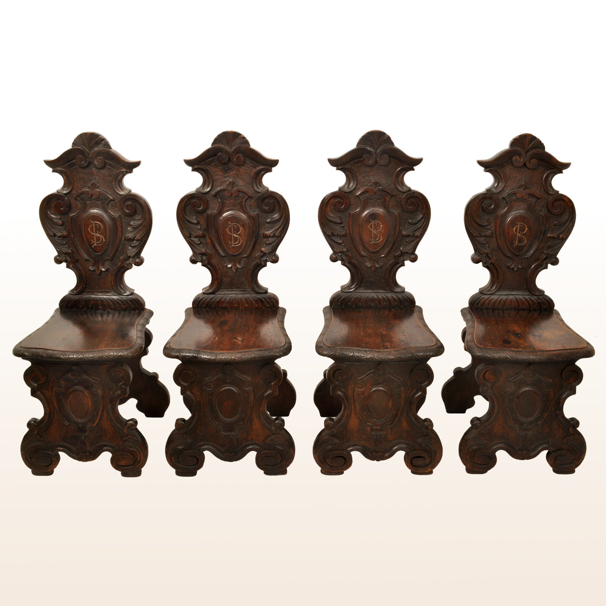 Set of Four Antique 18th Century Italian Carved Walnut Sgabello Hall Side Chairs, circa 1780