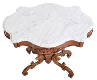 Antique American Victorian Walnut Marble Top Parlor Table, Possibly Belter or Meeks, circa 1860