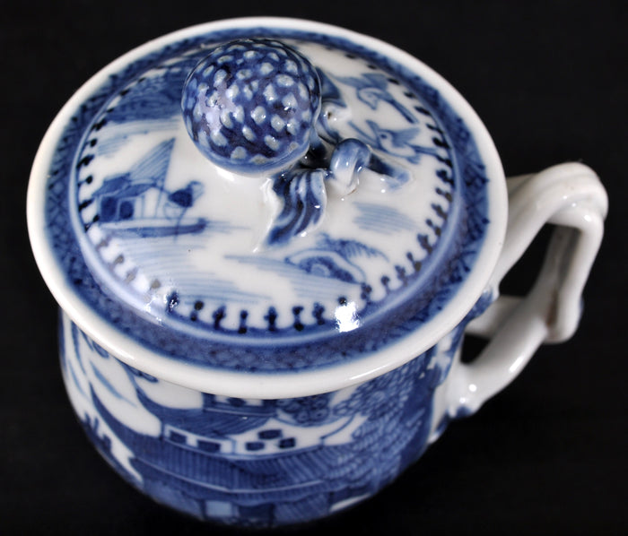 Antique Chinese Qinq Dynasty Canton Blue & White Porcelain Pot de Creme, Circa 1820