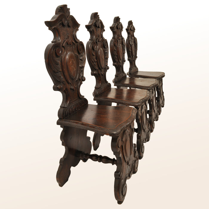 Set of Four Antique 18th Century Italian Carved Walnut Sgabello Hall Side Chairs, circa 1780