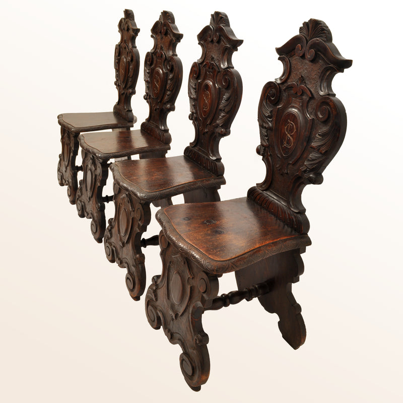 Set of Four Antique 18th Century Italian Carved Walnut Sgabello Hall Side Chairs, circa 1780
