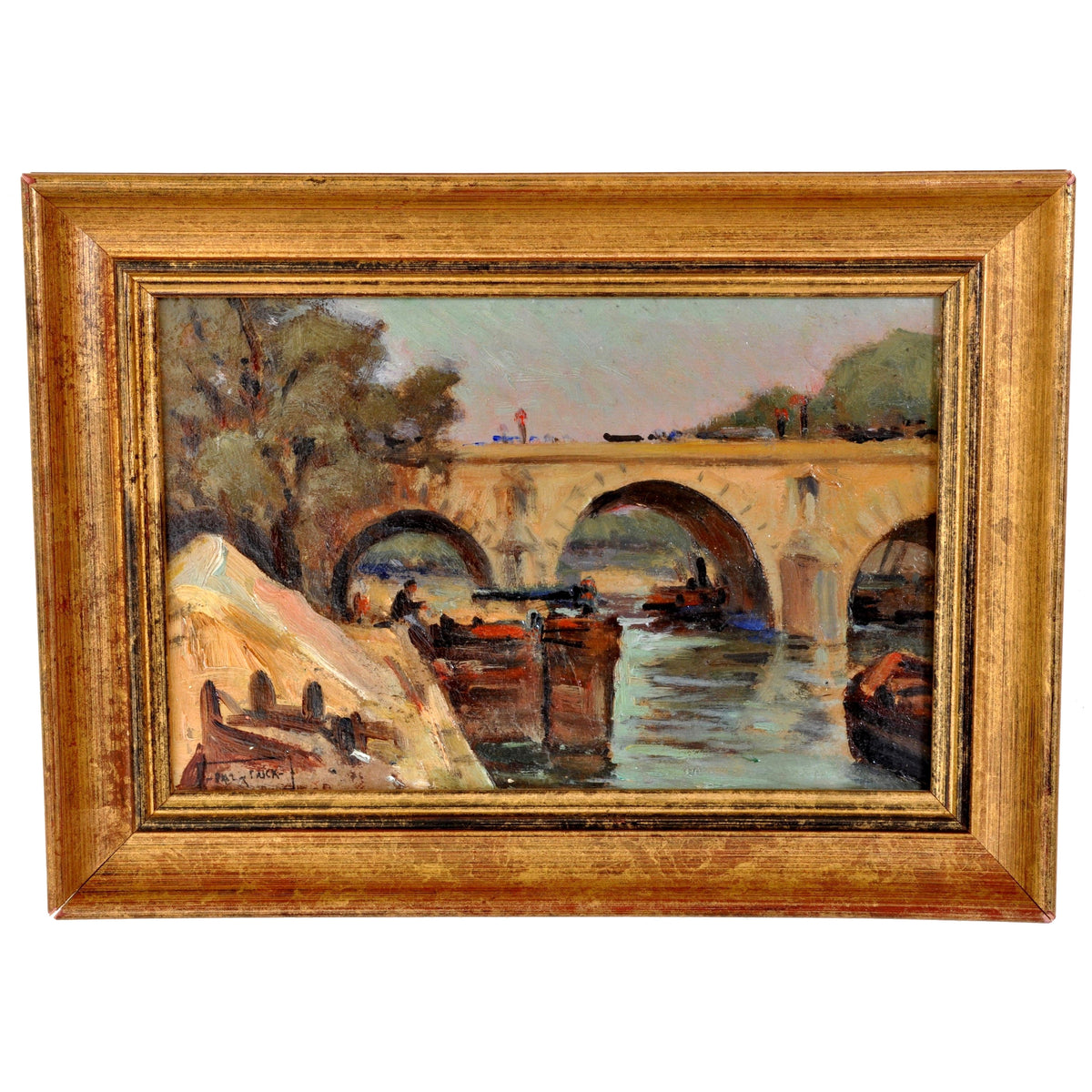Antique French Impressionist Oil Painting Boat Nearing The Bridge Paul de Frick 1900