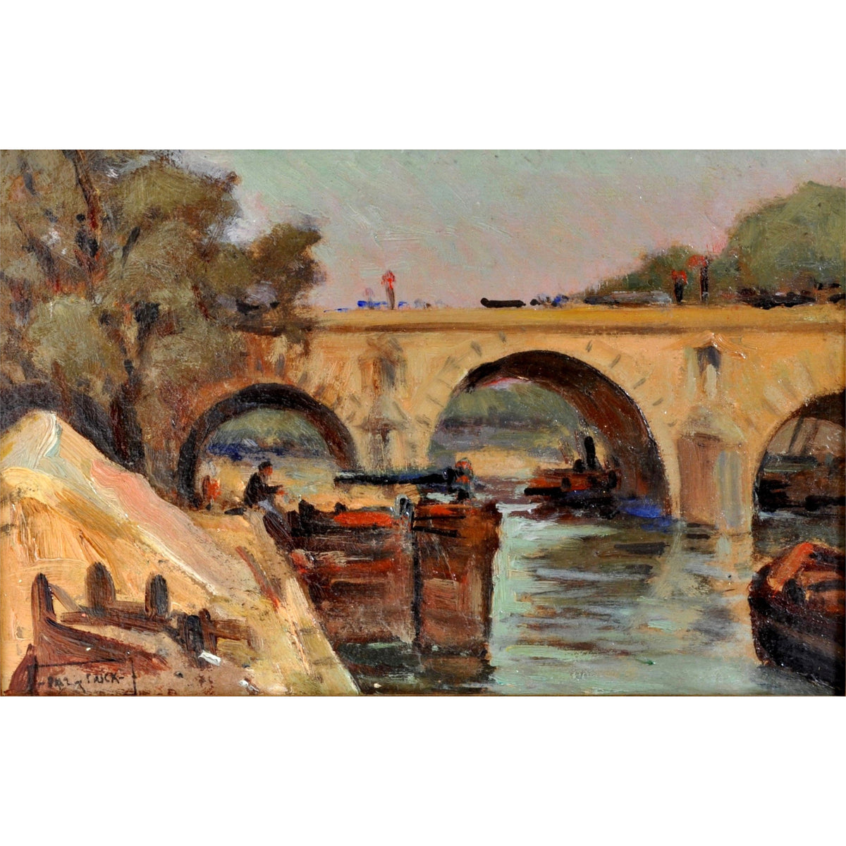 Antique French Impressionist Oil Painting Boat Nearing The Bridge Paul de Frick 1900