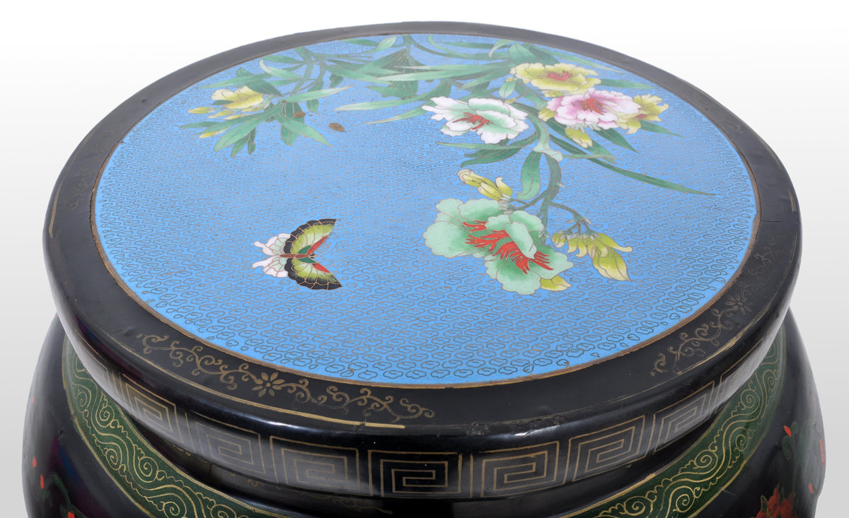 Antique Chinese Qing Dynasty Lacquer & Cloisonné Garden Seat / Stool, circa 1920