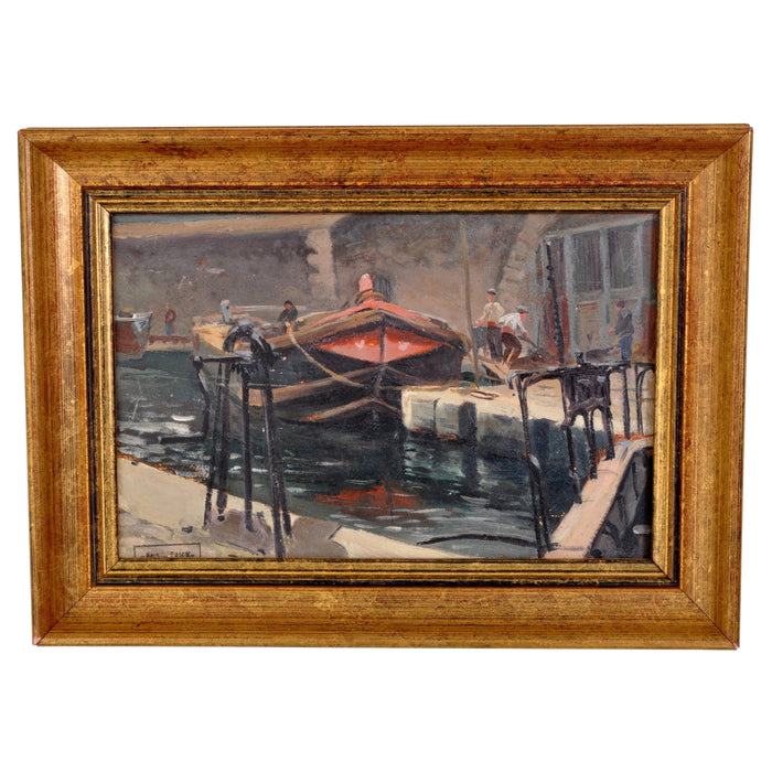 Antique French Impressionist Oil Painting 'Preparing the Boat for Voyage" Paul de Frick 1900