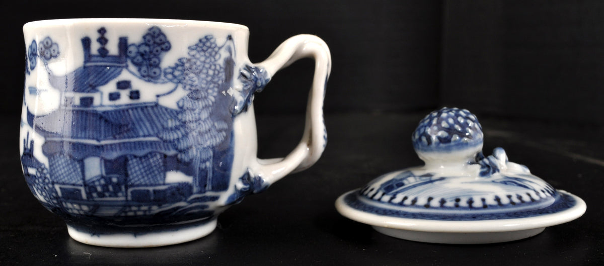 Antique Chinese Qinq Dynasty Canton Blue & White Porcelain Pot de Creme, Circa 1820