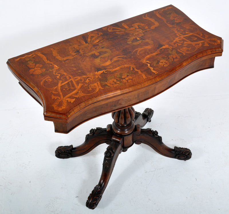 Antique Victorian Inlaid Walnut Game Table with Marquetry Top, Circa 1860