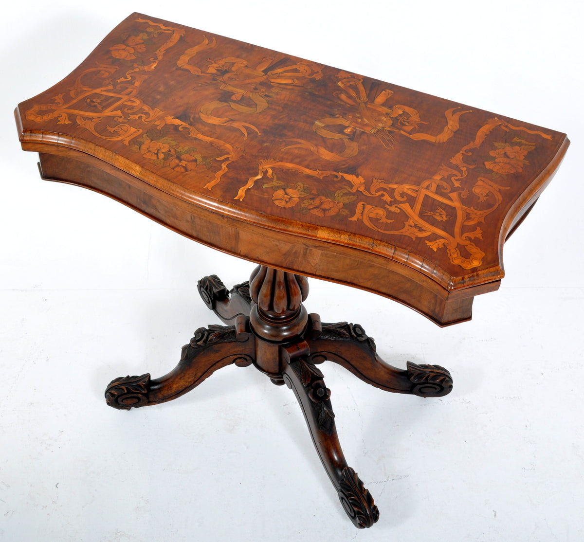 Antique Victorian Inlaid Walnut Game Table with Marquetry Top, Circa 1860