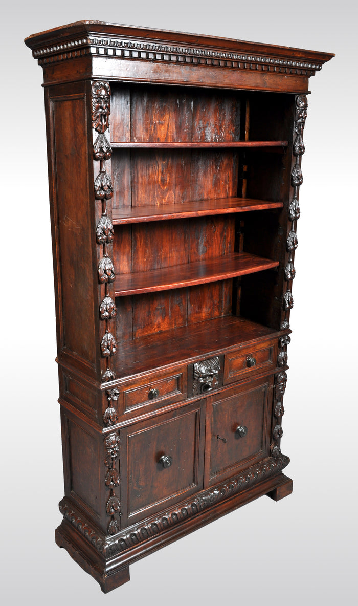 Antique Italian Carved Walnut Renaissance Revival Bookcase, circa 1870