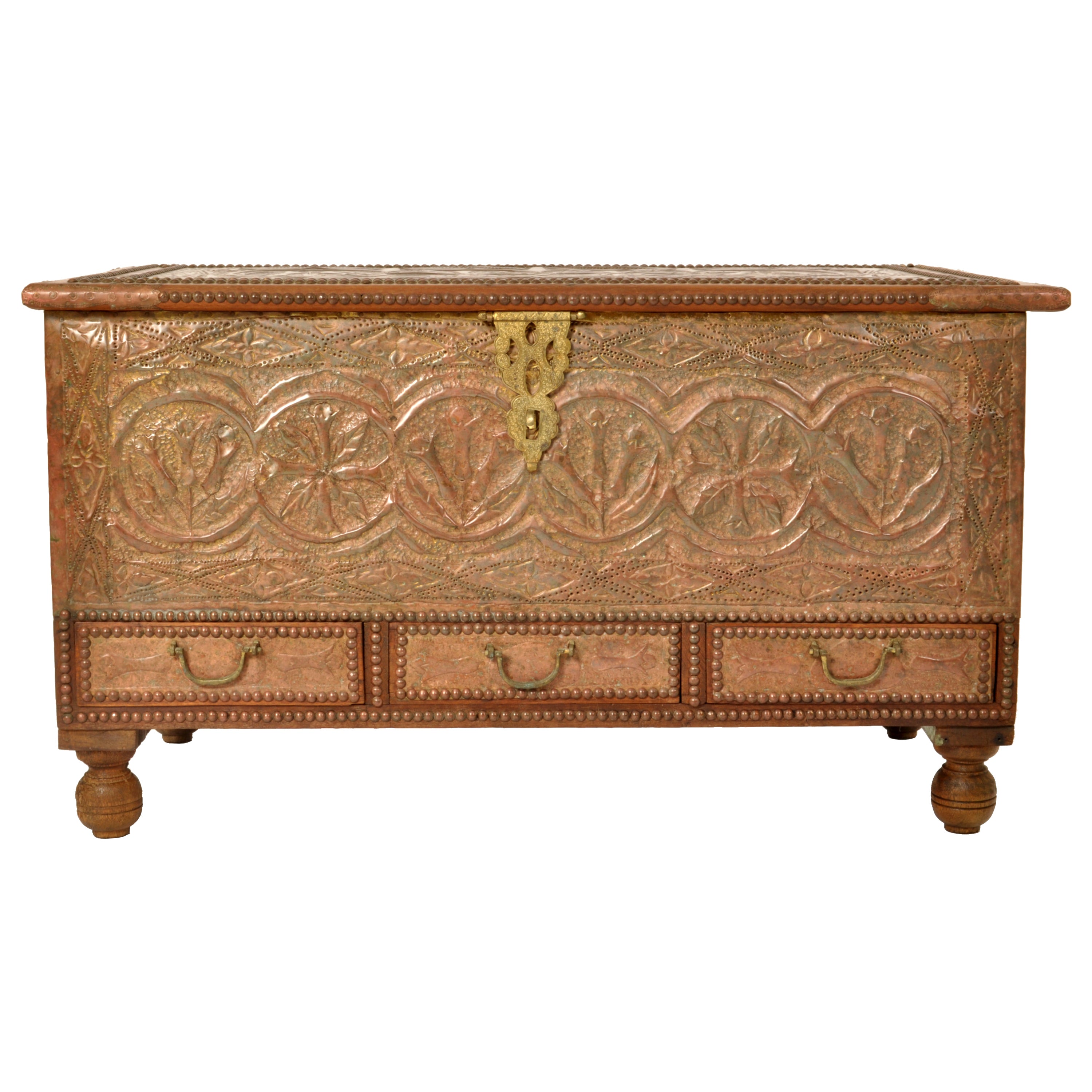 Antique Zanzibar Omani Teak & Brass Studded Copper Clad Dowry
