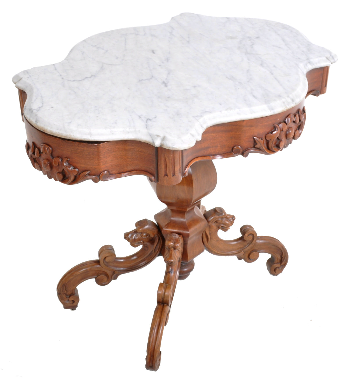 Antique American Victorian Walnut Marble Top Parlor Table, Possibly Belter or Meeks, circa 1860