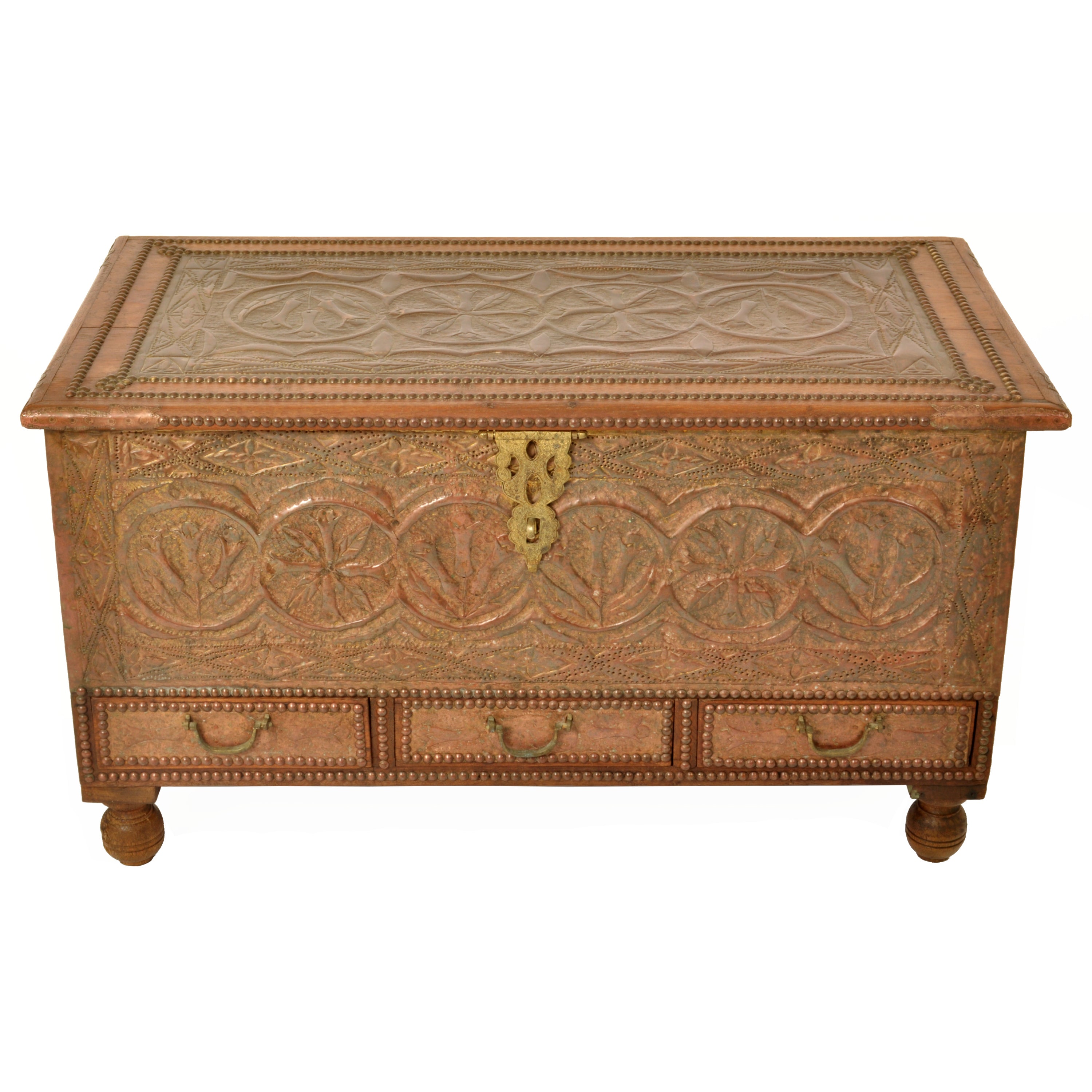 Antique Zanzibar Omani Teak & Brass Studded Copper Clad Dowry