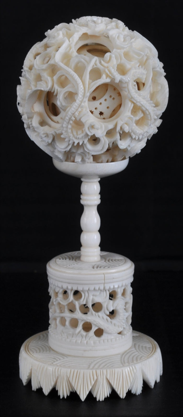 Antique Chinese Qing Dynasty Canton Carved Ivory Puzzle Ball & Stand, Circa 1880