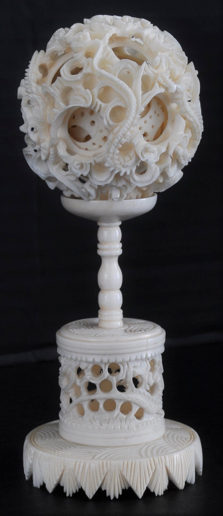 Antique Chinese Qing Dynasty Canton Carved Ivory Puzzle Ball & Stand, Circa 1880