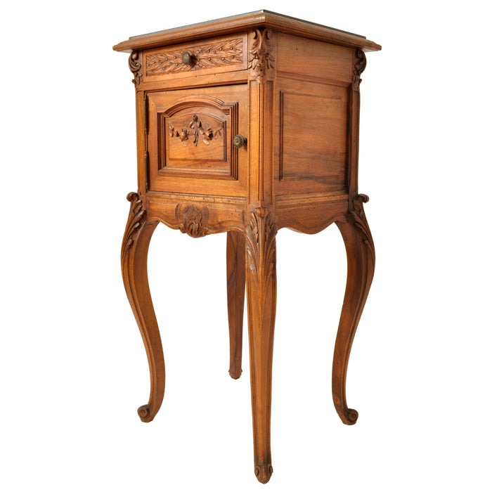 Antique French Provincial Louis XVI Carved Walnut & Marble Nightstand / Table, circa 1880