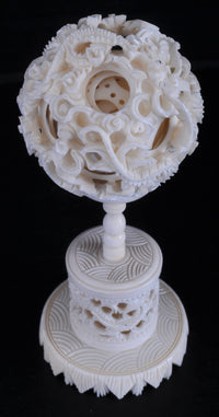 Antique Chinese Qing Dynasty Canton Carved Ivory Puzzle Ball & Stand, Circa 1880