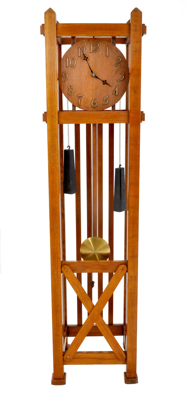 Antique American Mission Arts & Crafts Oak 8-Day Grandfather Tall Case Clock, Circa 1900