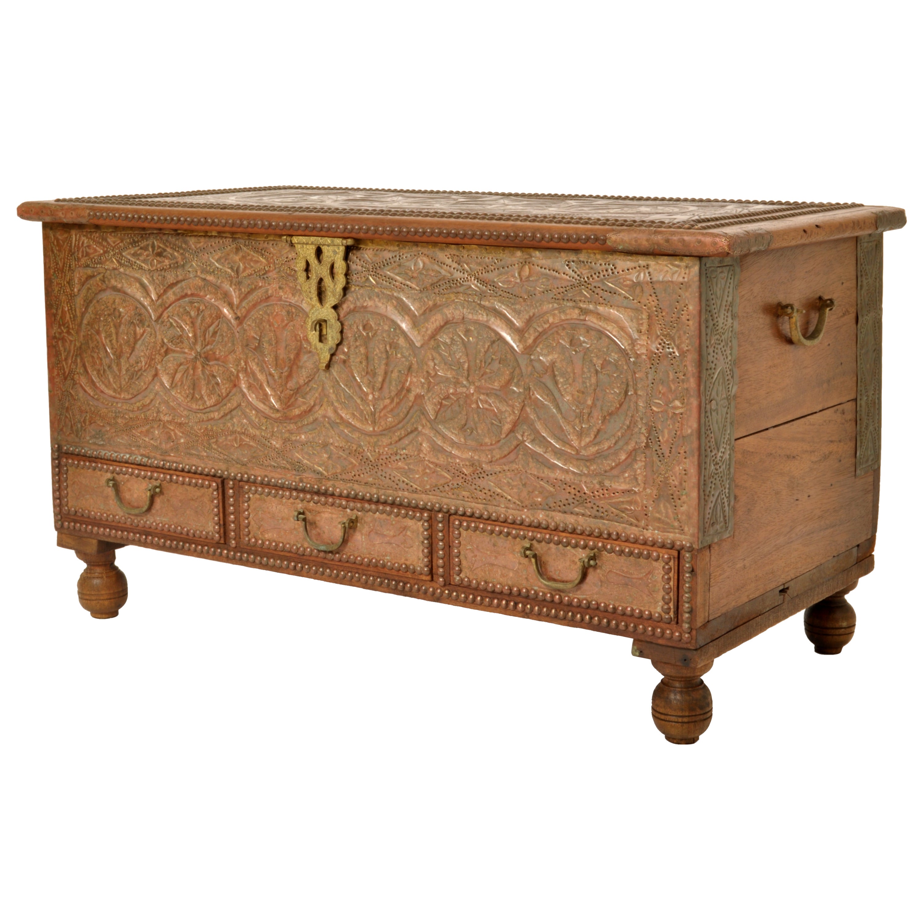 Antique Zanzibar Omani Teak & Brass Studded Copper Clad Dowry