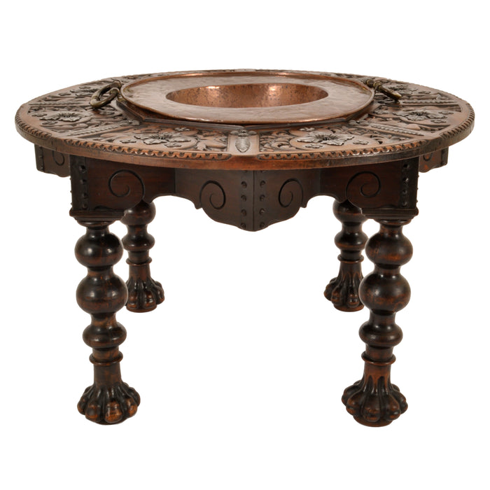 Antique 17th Century Style Spanish Walnut & Brass Iron Warming / Brazier Table, circa 1880
