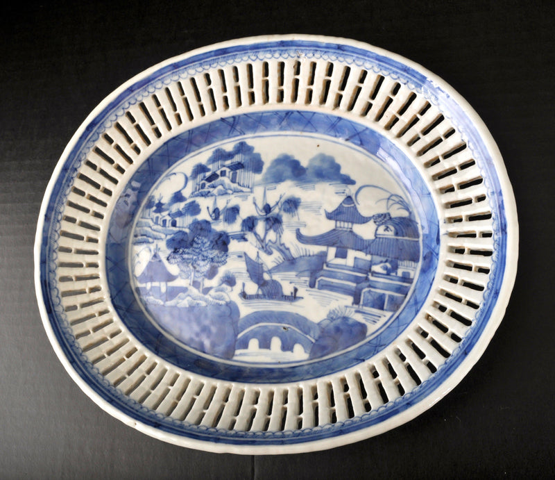 Antique Chinese Qing Dynasty Blue & White Reticulated Serving Bowl and Underplate, Circa 1800