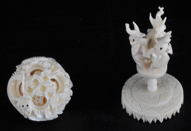 Antique Chinese Qing Dynasty Canton Carved Ivory Puzzle Ball & Stand, Circa 1880