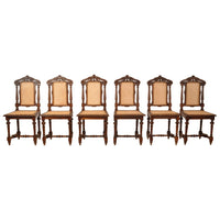 Set of Six Antique French Provincial Henri II Carved Oak & Caned Dining Chairs, circa 1880