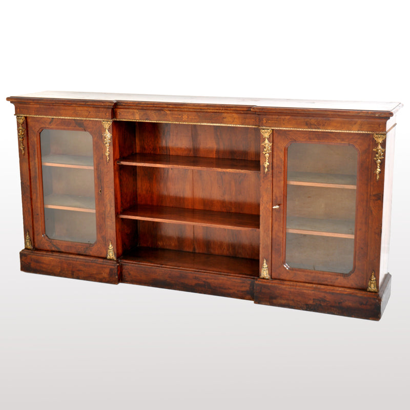 Antique English Burl Walnut Long Inlaid Ormolu Bookcase / Buffet / Sideboard, circa 1870