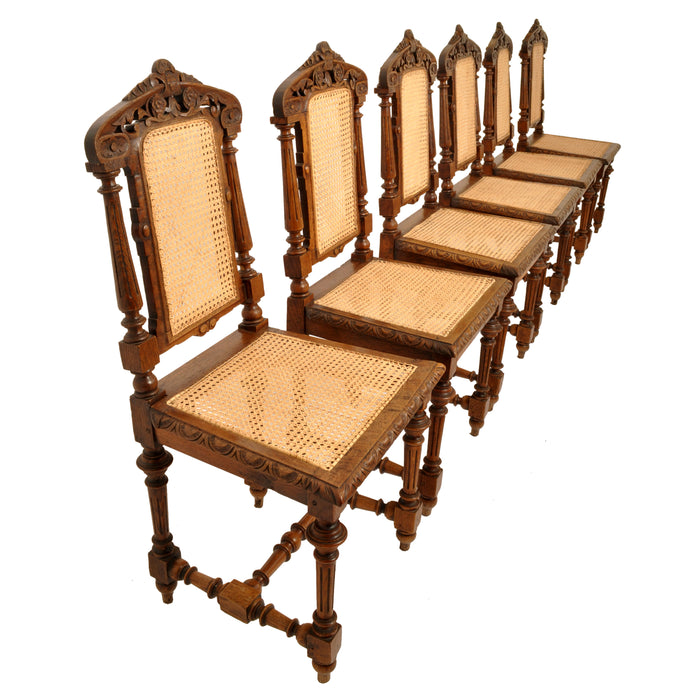 Set of Six Antique French Provincial Henri II Carved Oak & Caned Dining Chairs, circa 1880