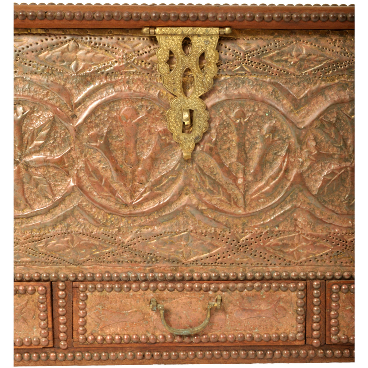 Antique Zanzibar Omani Teak & Brass Studded Copper Clad Dowry Chest Trunk, 1880