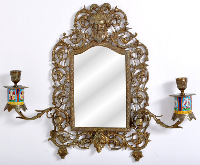 Antique Neoclassical French Brass Wall Mirror with Candle Sconces, circa 1890