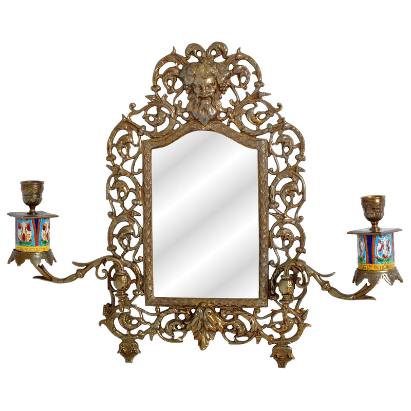 Antique Neoclassical French Brass Wall Mirror with Candle Sconces, circa 1890
