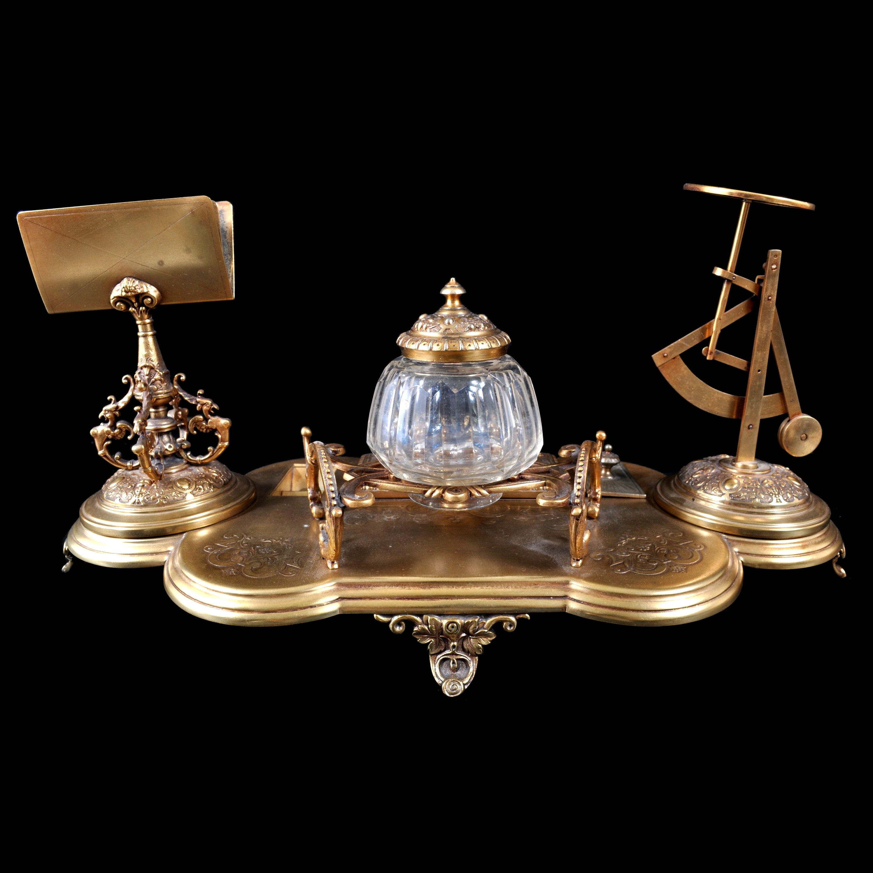 Rococco Style Gilded Brass Desk Stand with 2 Inkwells Pen Tray and Letter popular Rack