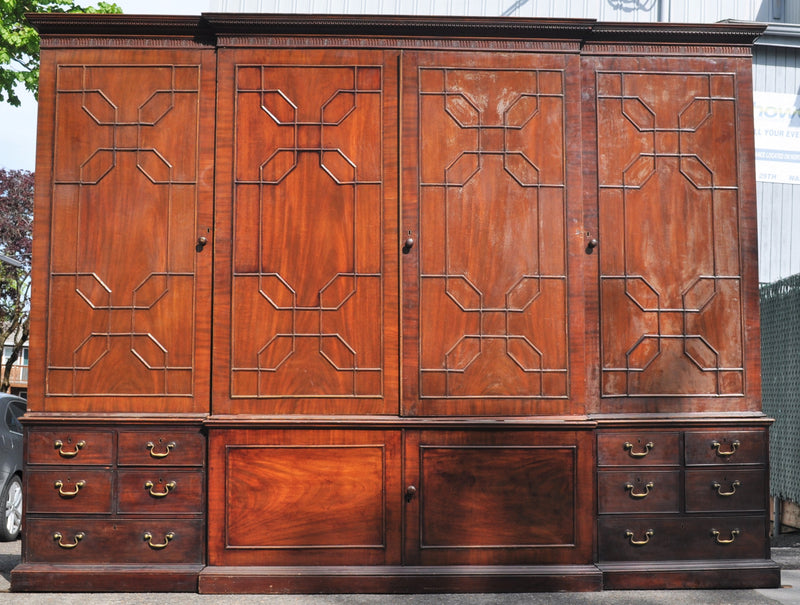 Monumental Georgian Style Antique Mahogany Breakfront Bookcase/Cabinet, Circa 1880