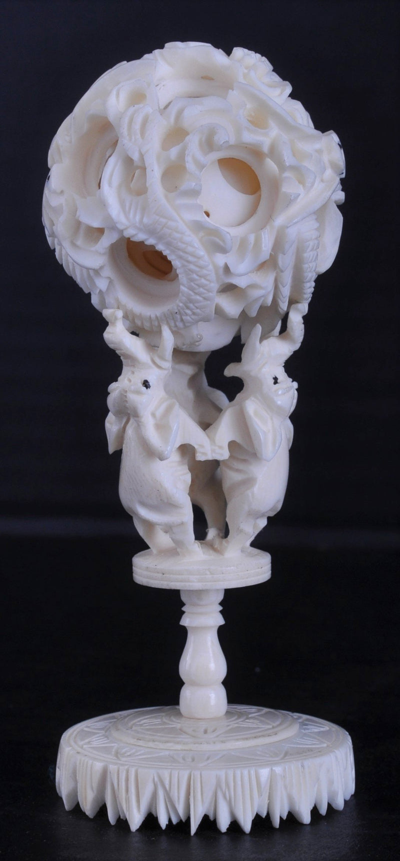 Antique Chinese Qing Dynasty Canton Carved Ivory Puzzle Ball & Stand, Circa 1880