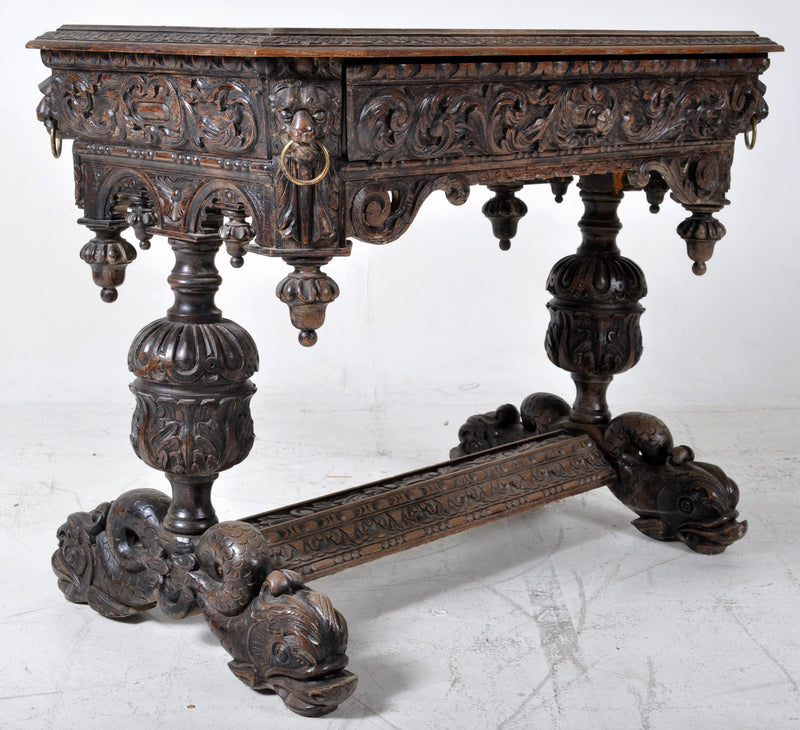 Antique French Baroque Style Carved Library Table, Circa 1880